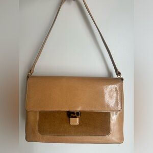 Ann Taylor Womens Satchel Handbag Brown Khaki Tan Leather Flap Over Magnetic